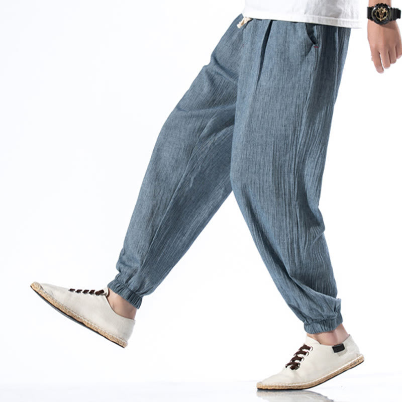 Buddha Stones Casual Solid Color Drawstring Linen Men's Pants With Pockets - image 8