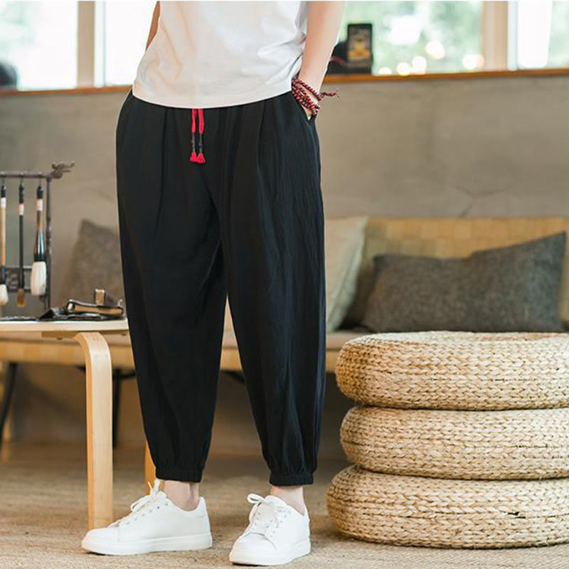 Buddha Stones Plain Color Red Drawstring Linen Men's  Pants With Pockets - image 13