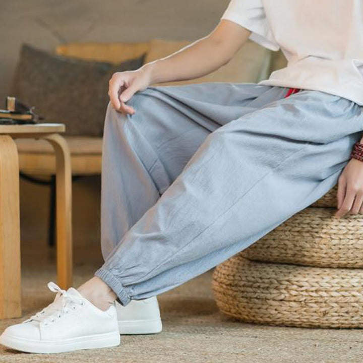 Buddha Stones Plain Color Red Drawstring Linen Men's  Pants With Pockets - image 26