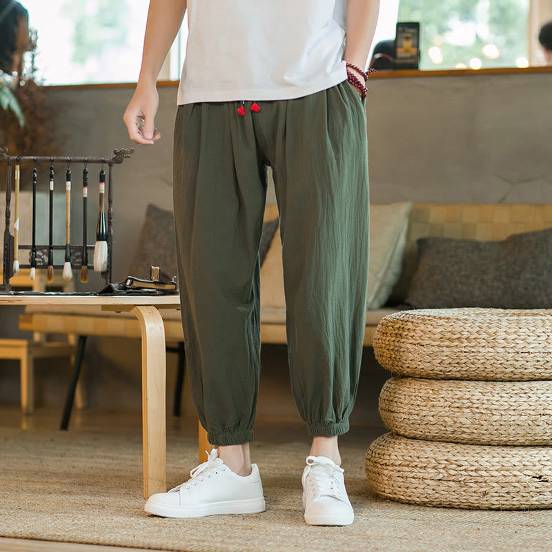 Buddha Stones Plain Color Red Drawstring Linen Men's  Pants With Pockets - Green - US/UK/AU46，EU56 (5XL)  - image 0