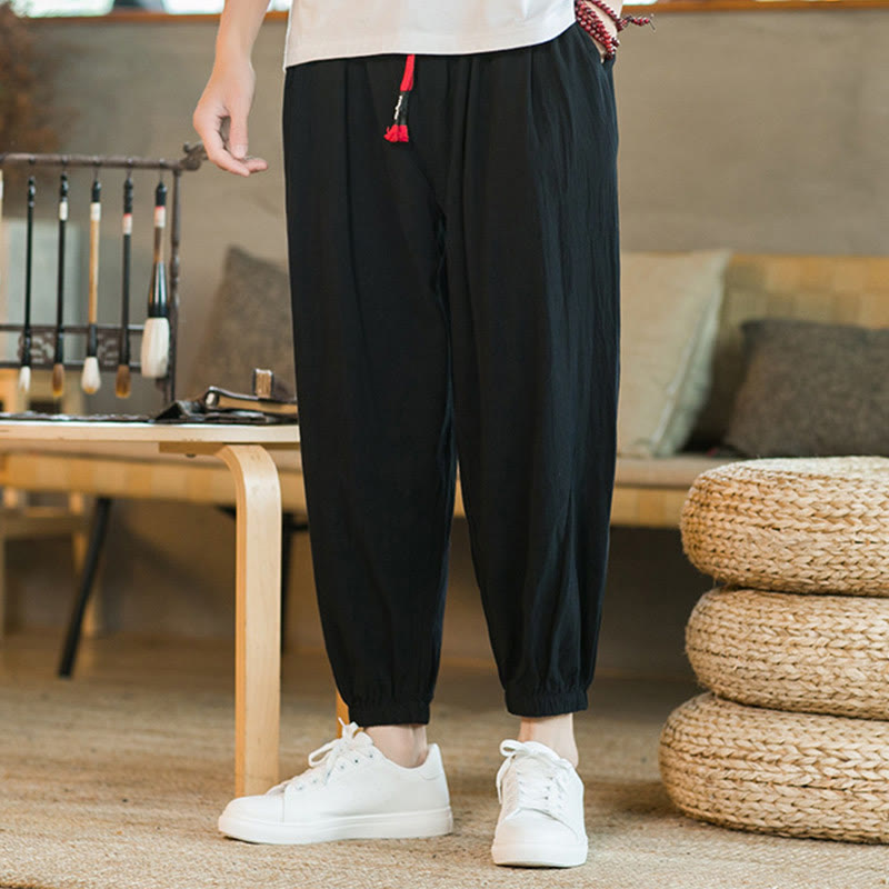 Buddha Stones Plain Color Red Drawstring Linen Men's  Pants With Pockets - image 14