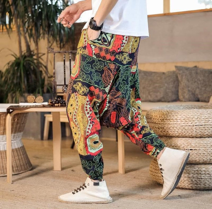 Buddha Stones Red Gold Casual Leaves Print Cotton Men's Harem Pants With Pockets - Black - US/UK/AU42，EU52 (3XL) - image 0