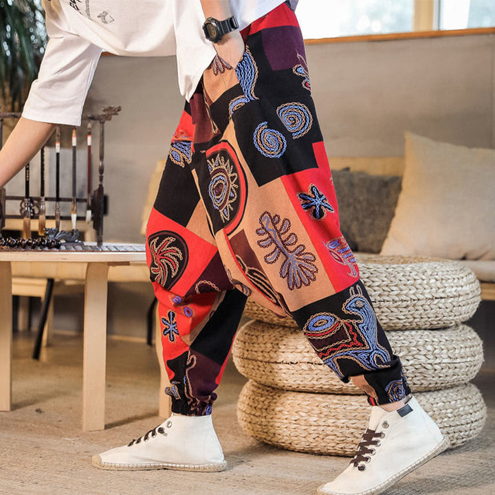 Buddha Stones Grid Flower Print Cotton Men's Harem Pants With Pockets - image 3