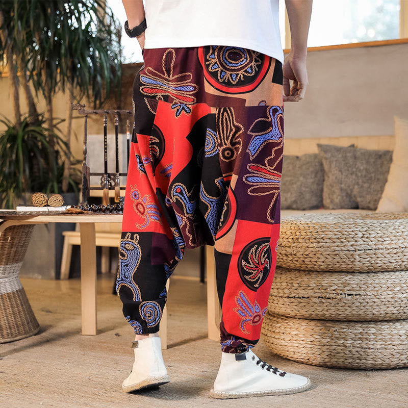 Buddha Stones Grid Flower Print Cotton Men's Harem Pants With Pockets - image 7