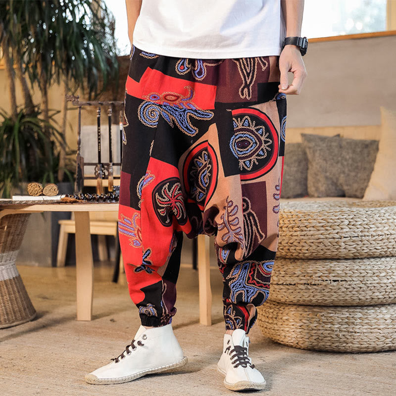 Buddha Stones Grid Flower Print Cotton Men's Harem Pants With Pockets - image 1