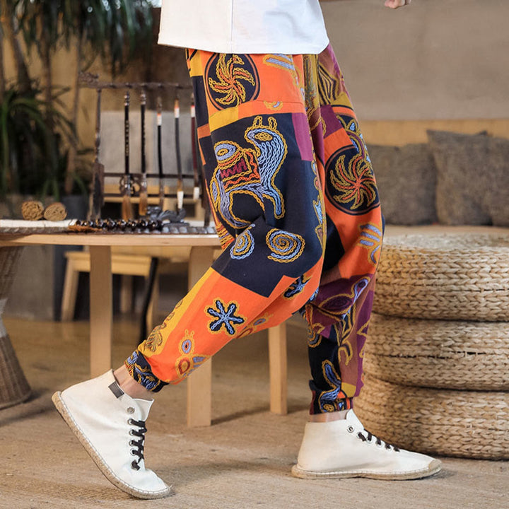 Buddha Stones Grid Flower Print Cotton Men's Harem Cropped Pants With Pockets - image 17
