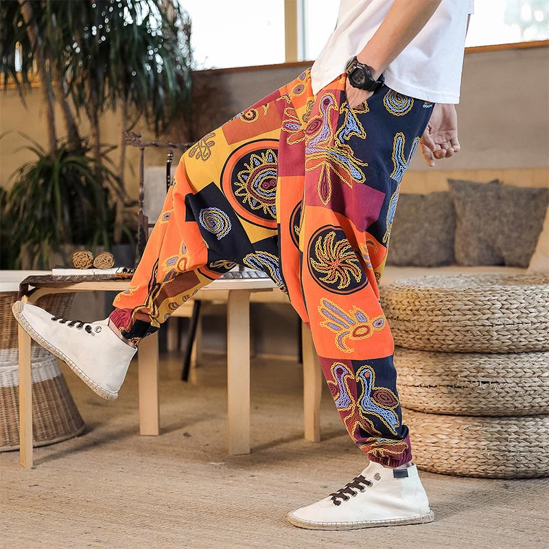 Buddha Stones Grid Flower Print Cotton Men's Harem Pants With Pockets - image 15