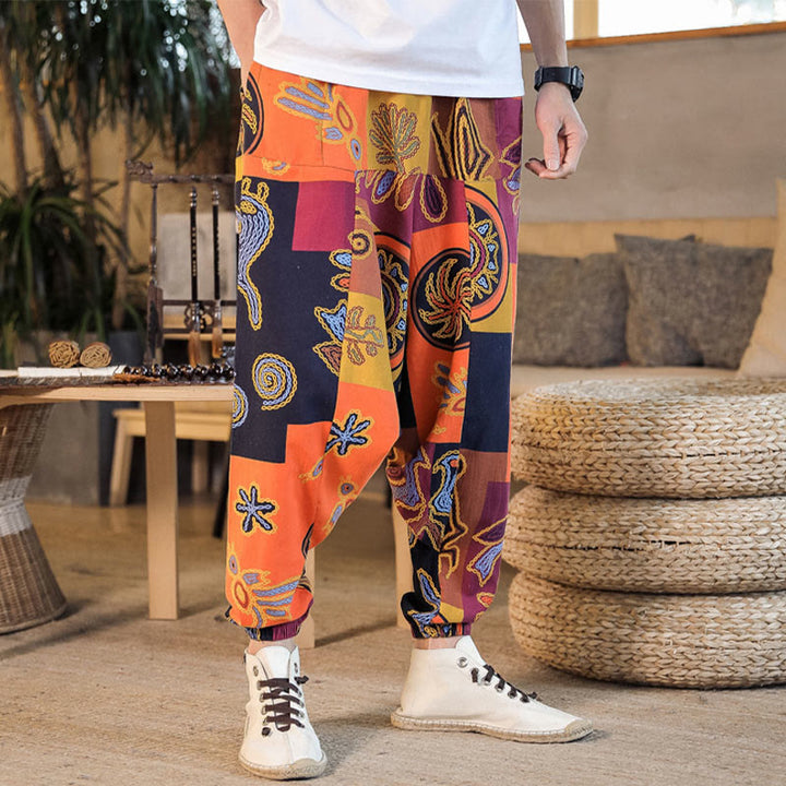 Buddha Stones Grid Flower Print Cotton Men's Harem Pants With Pockets - image 12