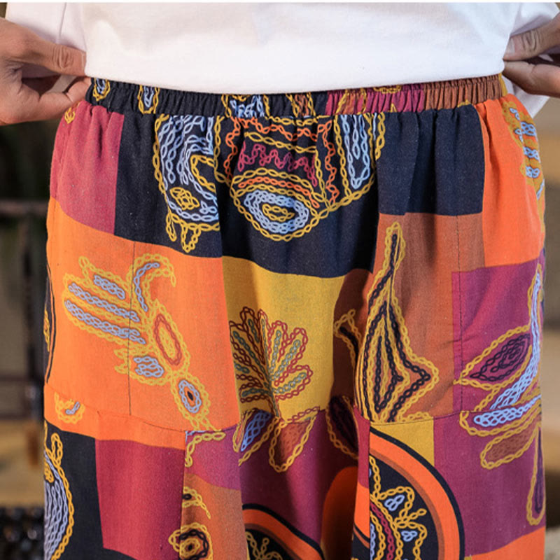 Buddha Stones Grid Flower Print Cotton Men's Harem Pants With Pockets - image 20