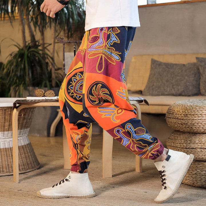 Buddha Stones Grid Flower Print Cotton Men's Harem Pants With Pockets - DarkOrange - US/UK/AU42，EU52 (3XL) - image 11