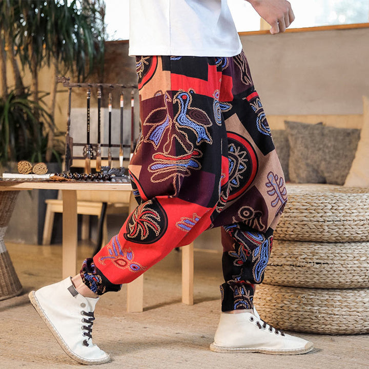 Buddha Stones Grid Flower Print Cotton Men's Harem Pants With Pockets - image 6