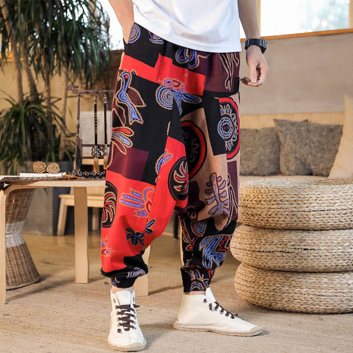 Buddha Stones Grid Flower Print Cotton Men's Harem Pants With Pockets - image 5