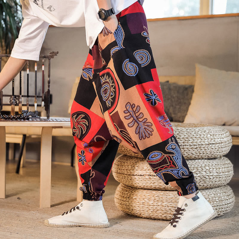 Buddha Stones Grid Flower Print Cotton Men's Harem Pants With Pockets - image 3