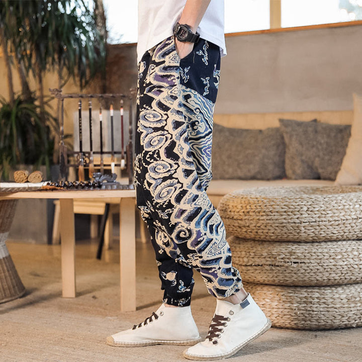Buddha Stones Chinese Dragon Pattern Cotton Men's Harem Pants With Pockets - image 1