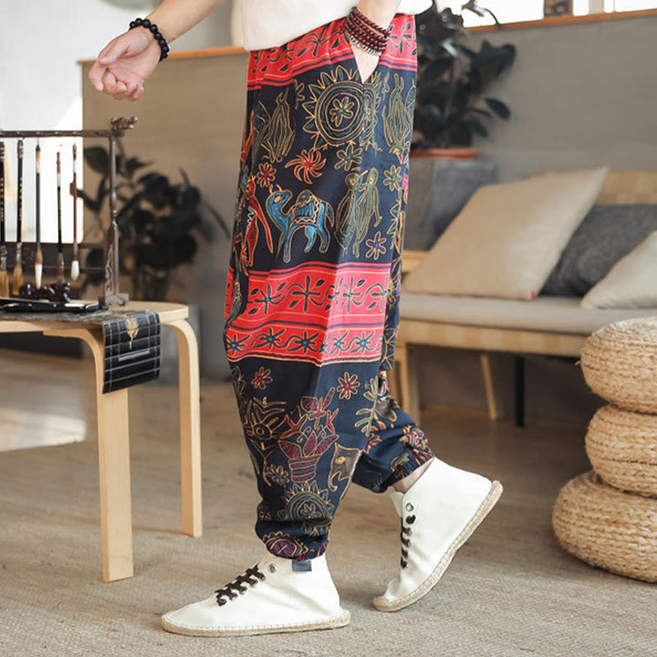 Buddha Stones Colorful Camel Figure Pattern Cotton Men's Harem Pants With Pockets - image 1