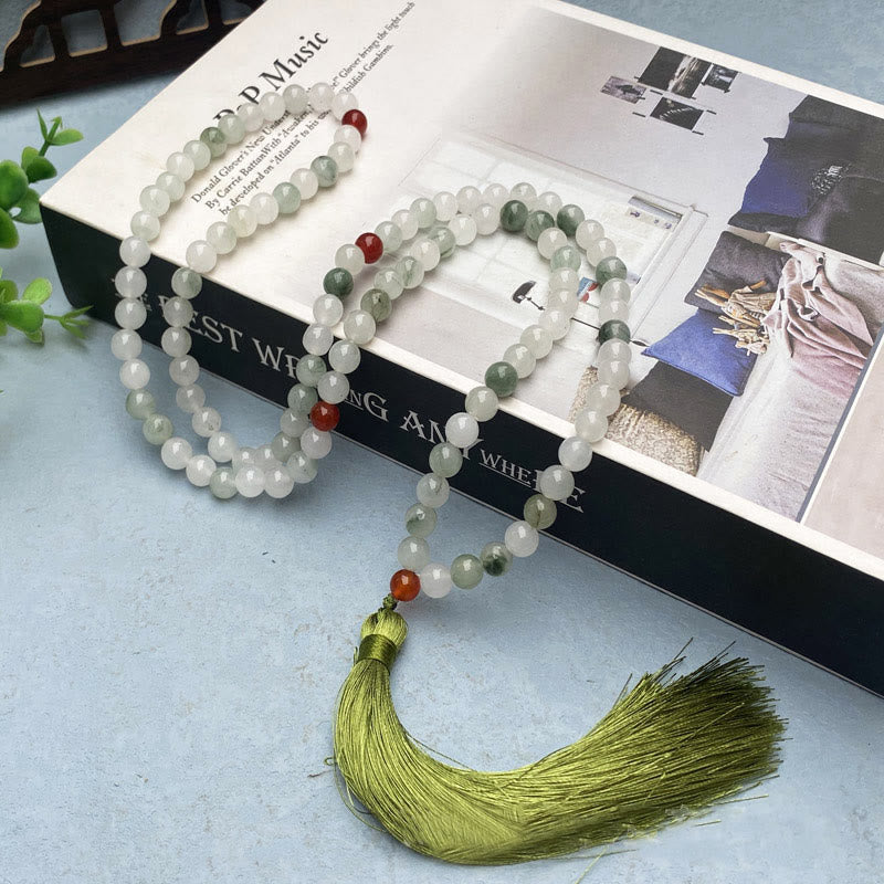 Buddha Stones 108 Mala Beads Natural Tianshan Jade Tassel Luck Bracelet - Tianshan jade&South Red Agate (Wrist Circumference: 14-16cm) - image 4