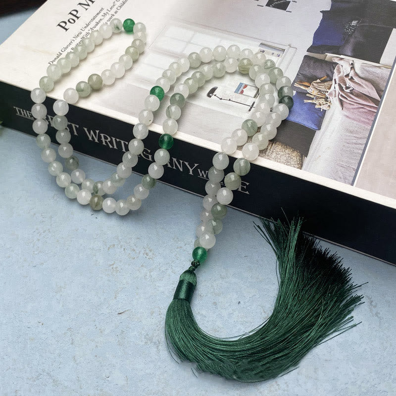Buddha Stones 108 Mala Beads Natural Tianshan Jade Tassel Luck Bracelet - Tianshan jade&Green Agate (Wrist Circumference: 14-16cm) - image 0