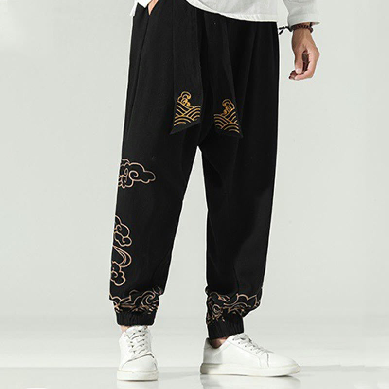 Buddha Stones Auspicious Clouds Cotton Linen Men's Drawstring Harem Pants With Pockets - image 5
