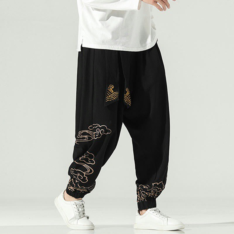 Buddha Stones Auspicious Clouds Cotton Linen Men's Drawstring Harem Pants With Pockets - image 3