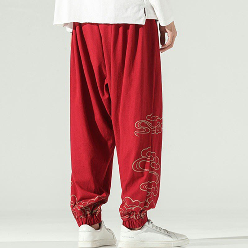 Buddha Stones Auspicious Clouds Cotton Linen Men's Drawstring Harem Pants With Pockets - image 18