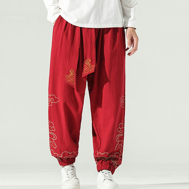 Buddha Stones Auspicious Clouds Cotton Linen Men's Drawstring Harem Pants With Pockets - Red - US/UK/AU46，EU56 (5XL) - image 15