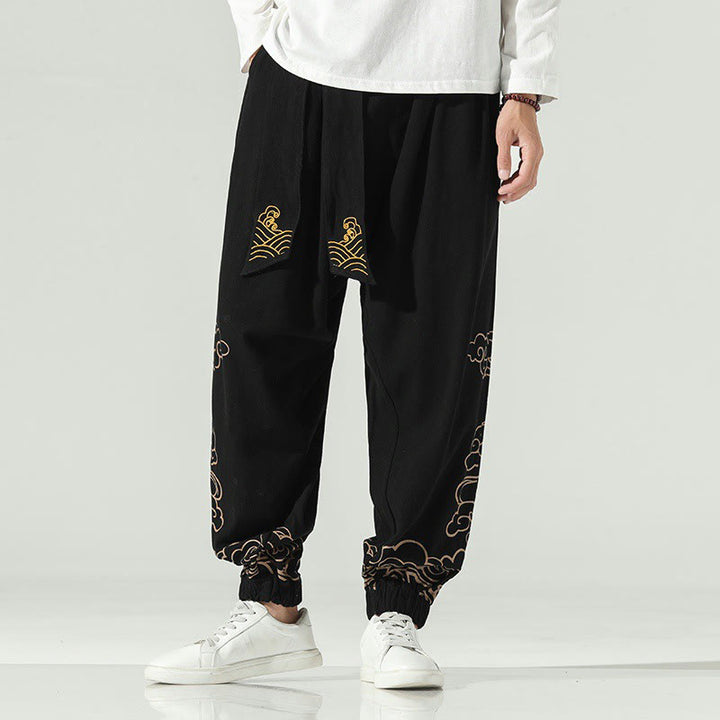 Buddha Stones Auspicious Clouds Cotton Linen Men's Drawstring Harem Pants With Pockets - Black - US/UK/AU46，EU56 (5XL) - image 0
