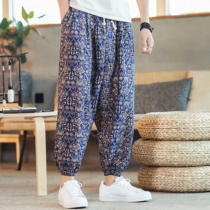 Buddha Stones Golden Mandala Pattern Drawstring Men's Harem Pants With Pockets - image 7
