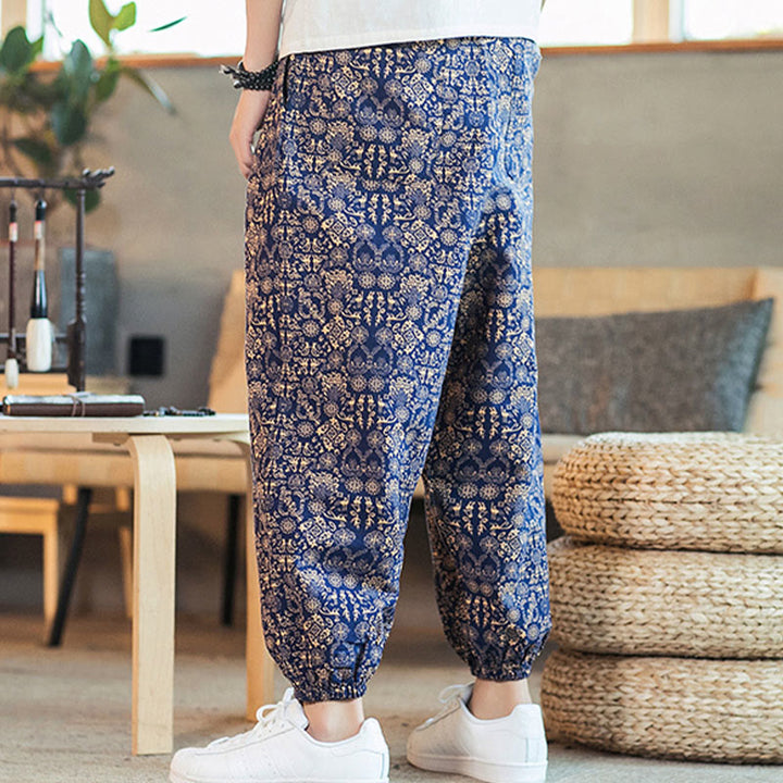 Buddha Stones Golden Mandala Pattern Drawstring Men's Harem Pants With Pockets - image 4