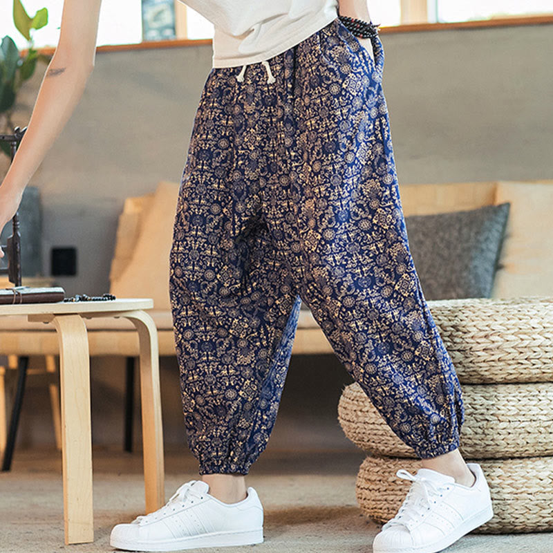 Buddha Stones Golden Mandala Pattern Drawstring Men's Harem Pants With Pockets - image 2