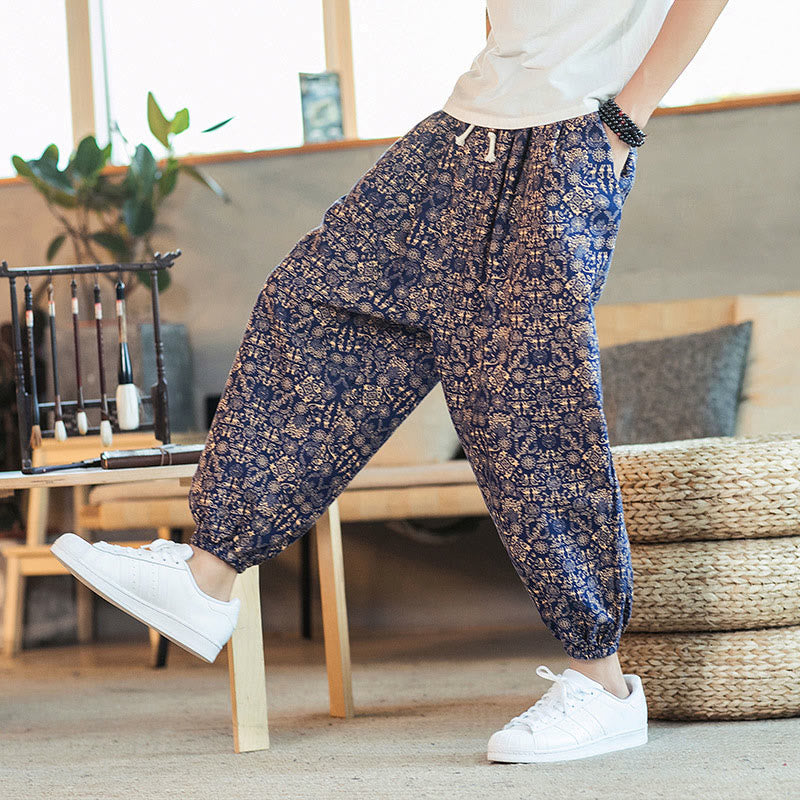 Buddha Stones Golden Mandala Pattern Drawstring Men's Harem Pants With Pockets - image 3
