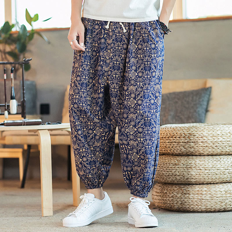 Buddha Stones Golden Mandala Pattern Drawstring Men's Harem Pants With Pockets - image 6