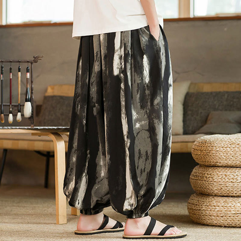 Buddha Stones Black White Ink Gradient Cotton Linen Braided Drawstring Men's Harem Pants With Pockets - image 4