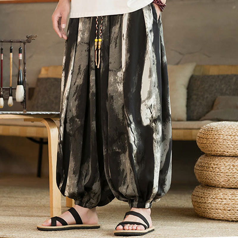 Buddha Stones Black White Ink Gradient Cotton Linen Braided Drawstring Men's Harem Pants With Pockets - image 3