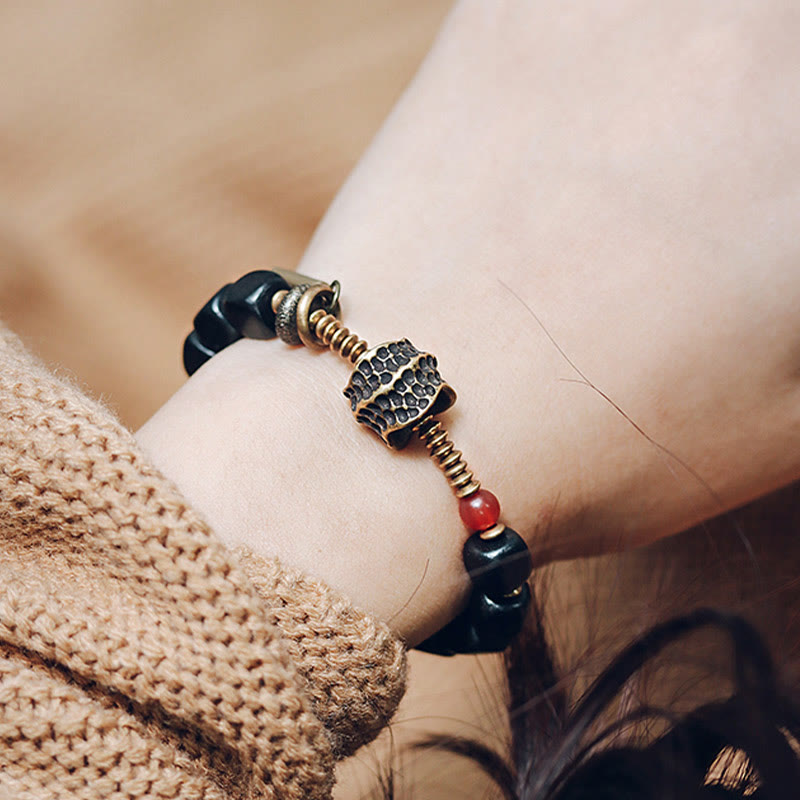 Buddha Stones Ebony Wood Copper Brass Red Agate Peace Bracelet - image 9