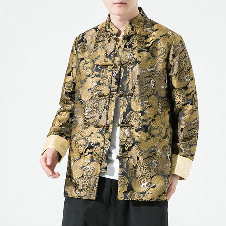 Buddha Stones Chinese Dragon Frog-button Tang Suit Cotton Men's Jacket Shirt - Gold - US/UK/AU46，EU56 (5XL) - image 0