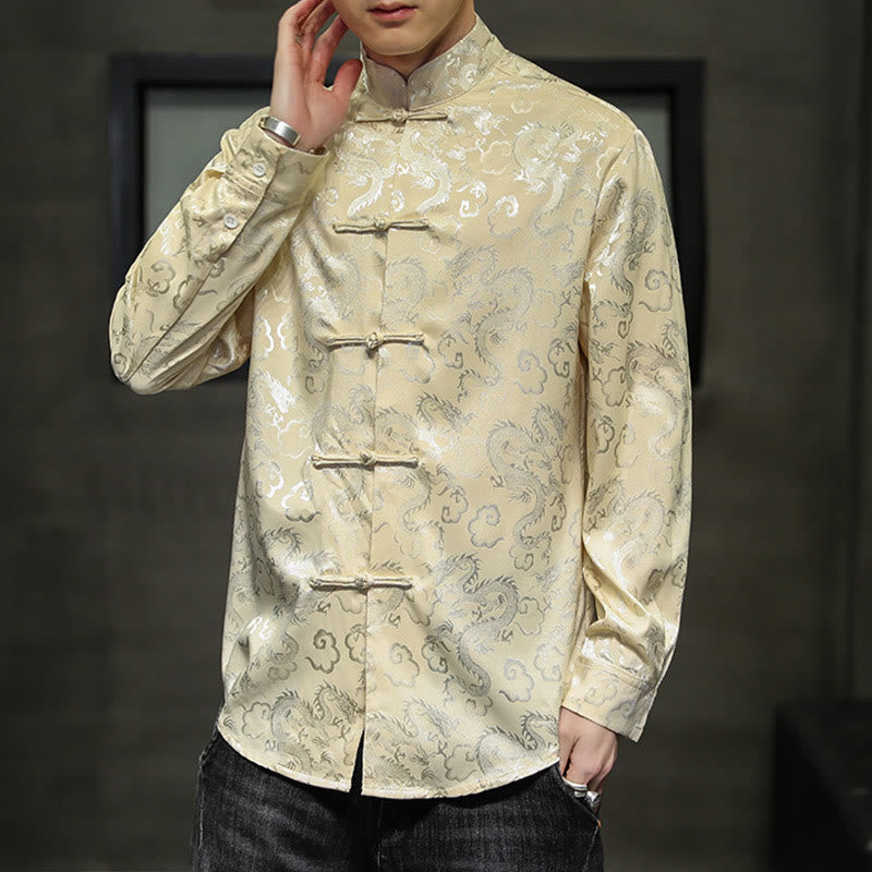 Buddha Stones Casual Dragon Pattern Frog-button Tang Suit Linen Men's Jacket Shirt - image 41