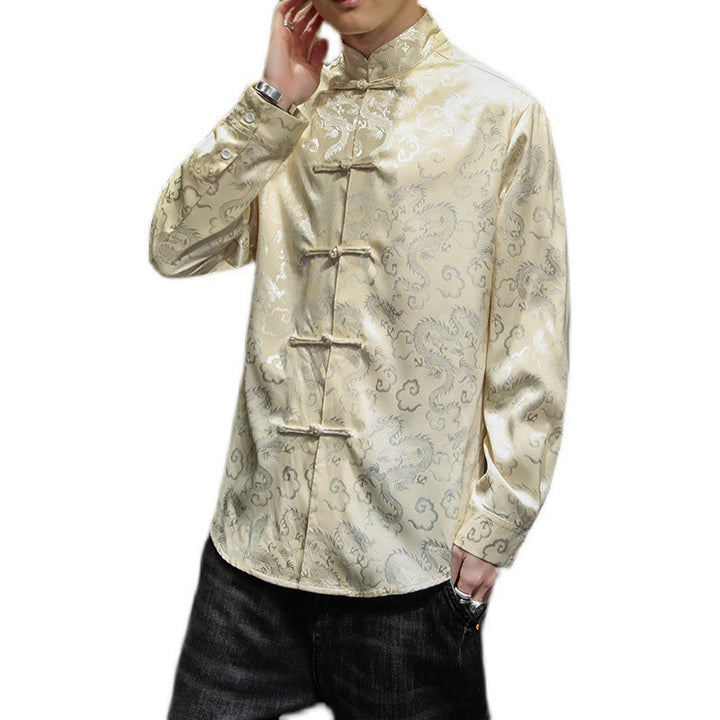 Buddha Stones Casual Dragon Pattern Frog-button Tang Suit Linen Men's Jacket Shirt - image 46