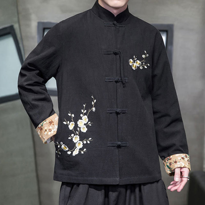 Buddha Stones Plum Blossom Embroidery Cuff Flower Design Frog-button Tang Suit Cotton Linen Men's Jacket Shirt - image 5