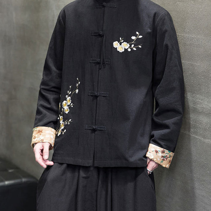 Buddha Stones Plum Blossom Embroidery Cuff Flower Design Frog-button Tang Suit Cotton Linen Men's Jacket Shirt - image 6