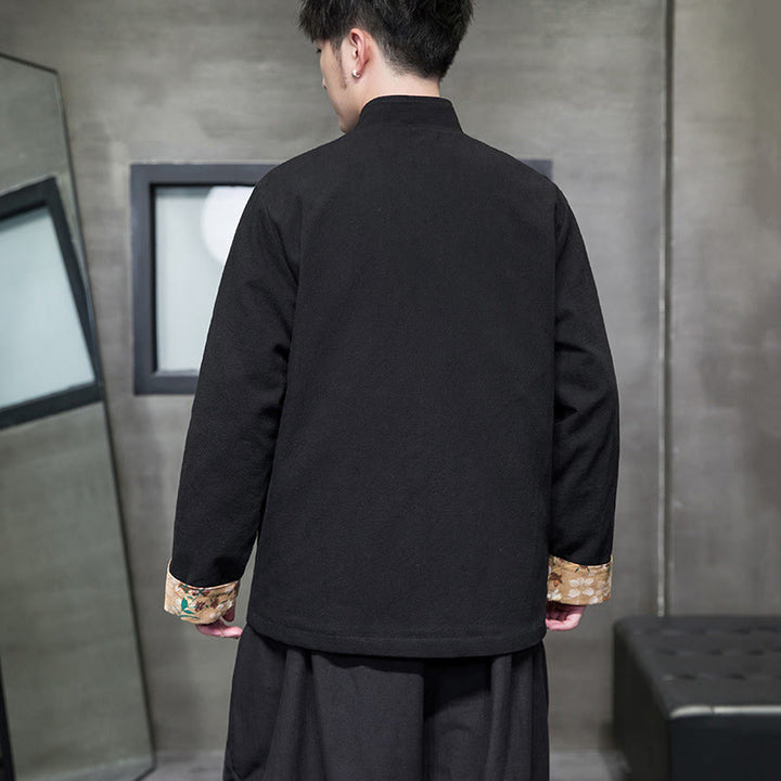 Buddha Stones Plum Blossom Embroidery Cuff Flower Design Frog-button Tang Suit Cotton Linen Men's Jacket Shirt - image 4