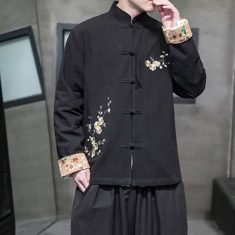 Buddha Stones Plum Blossom Embroidery Cuff Flower Design Frog-button Tang Suit Cotton Linen Men's Jacket Shirt - image 7