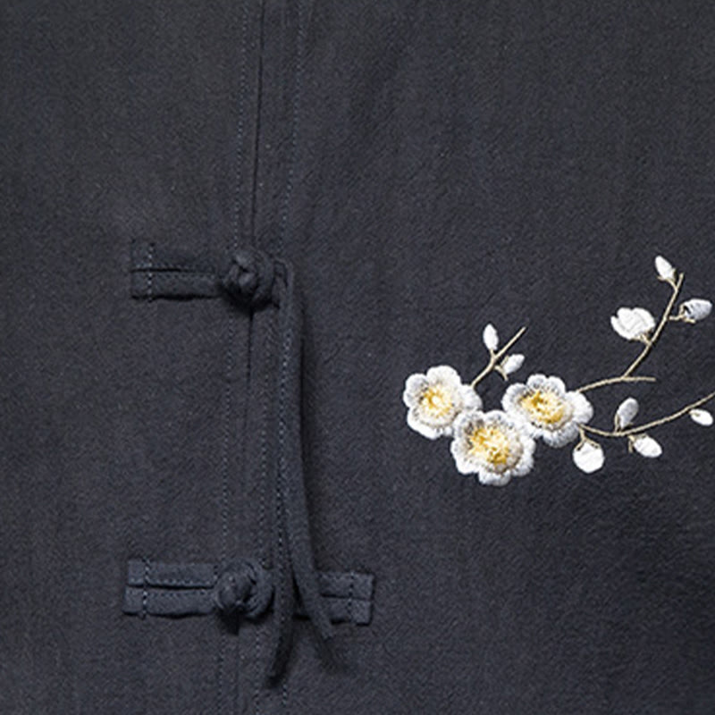Buddha Stones Plum Blossom Embroidery Cuff Flower Design Frog-button Tang Suit Cotton Linen Men's Jacket Shirt - image 10