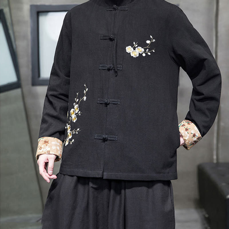Buddha Stones Plum Blossom Embroidery Cuff Flower Design Frog-button Tang Suit Cotton Linen Men's Jacket Shirt - image 2