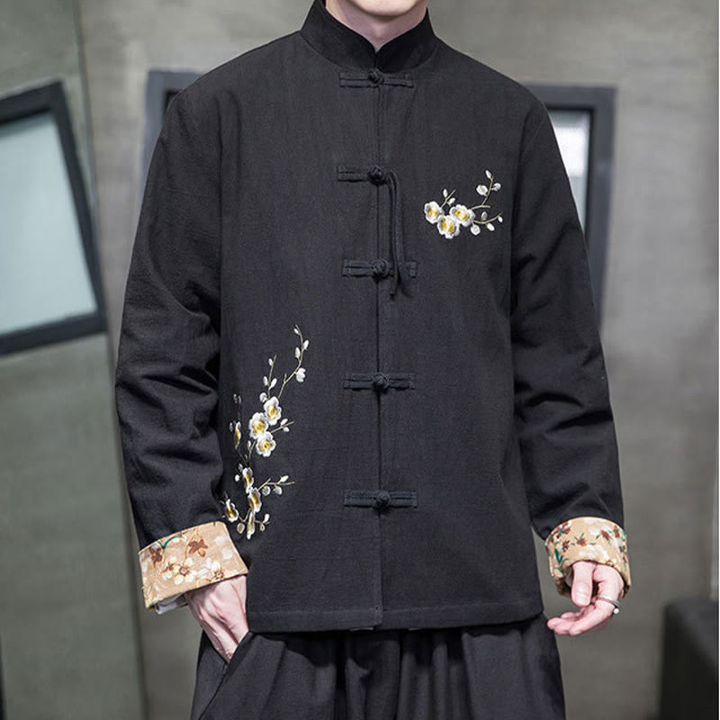 Buddha Stones Plum Blossom Embroidery Cuff Flower Design Frog-button Tang Suit Cotton Linen Men's Jacket Shirt - image 0