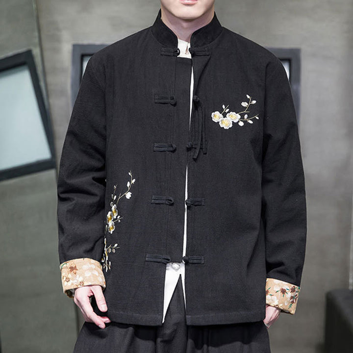 Buddha Stones Plum Blossom Embroidery Cuff Flower Design Frog-button Tang Suit Cotton Linen Men's Jacket Shirt - Black - US/UK/AU46，EU56 (5XL) - image 1