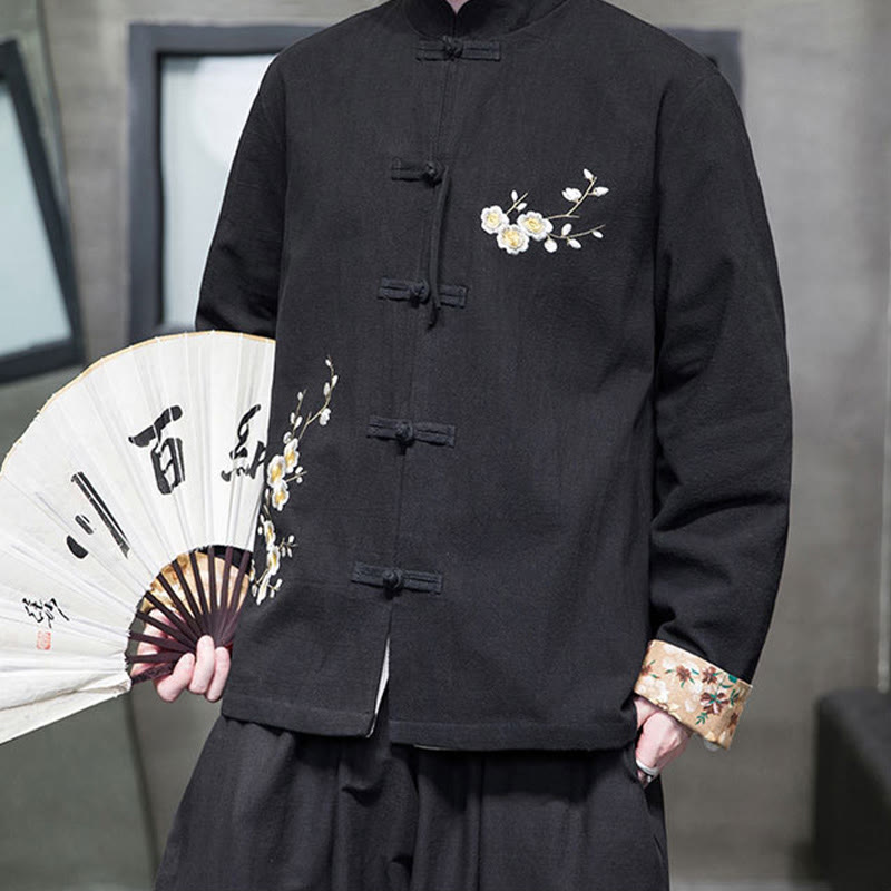 Buddha Stones Plum Blossom Embroidery Cuff Flower Design Frog-button Tang Suit Cotton Linen Men's Jacket Shirt - image 3