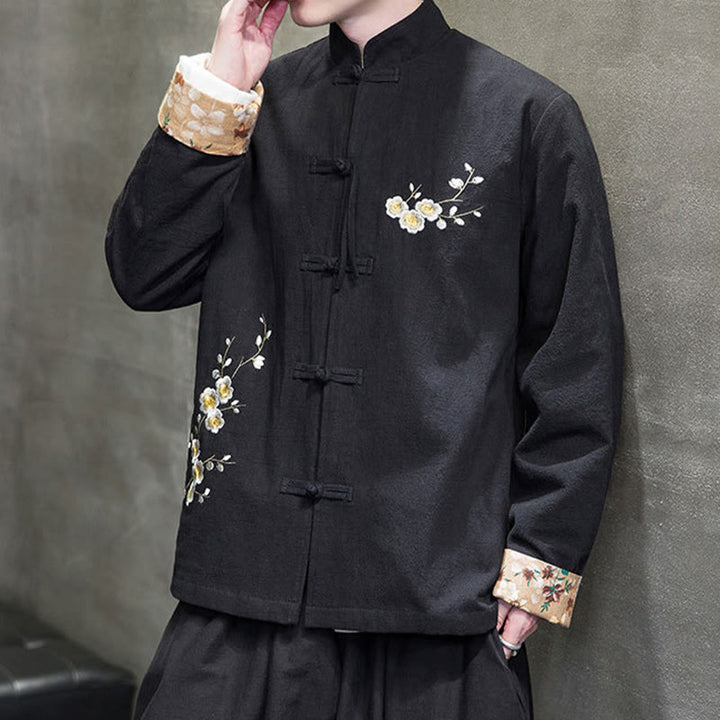 Buddha Stones Plum Blossom Embroidery Cuff Flower Design Frog-button Tang Suit Cotton Linen Men's Jacket Shirt - image 8
