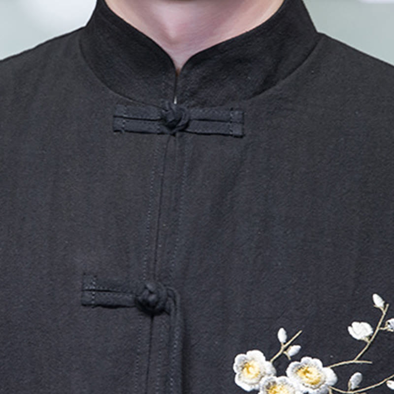 Buddha Stones Plum Blossom Embroidery Cuff Flower Design Frog-button Tang Suit Cotton Linen Men's Jacket Shirt - image 9