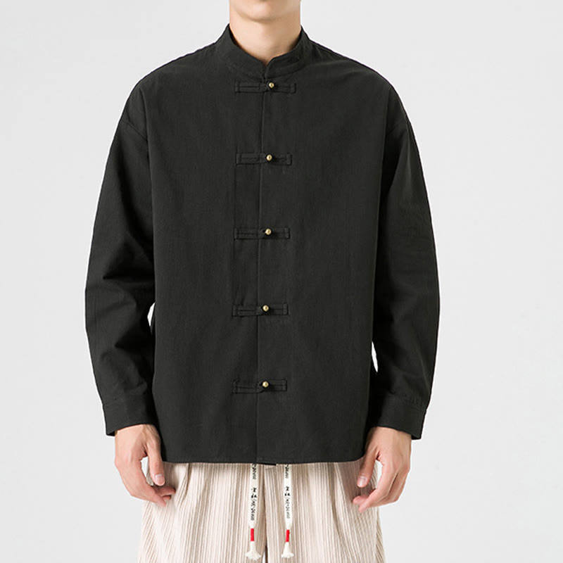Buddha Stones Solid Color Frog-button Tang Suit Cotton Men's Jacket Shirt - Black - US/UK/AU46，EU56 (5XL) - image 0