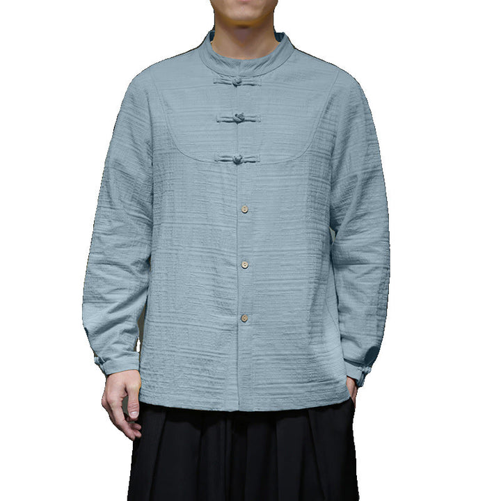 Buddha Stones Solid Color Half Frog-button Tang Suit Cotton Linen Men's Jacket Shirt - image 7